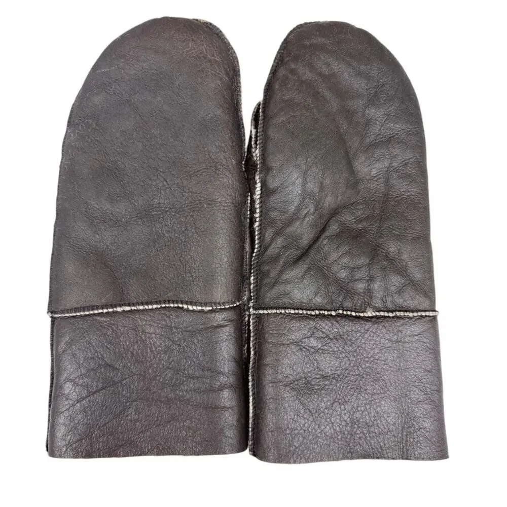 Real Sheepskin Shearling Mittens Dark Brown Black L Winter Warm